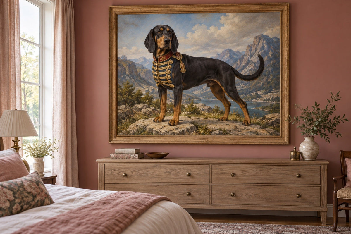 Montenegrinischer Gebirgslaufhund als Wandbild im Stil Royal mit kurzer Uniform, Raum: altrosafarbenes Schlafzimmer