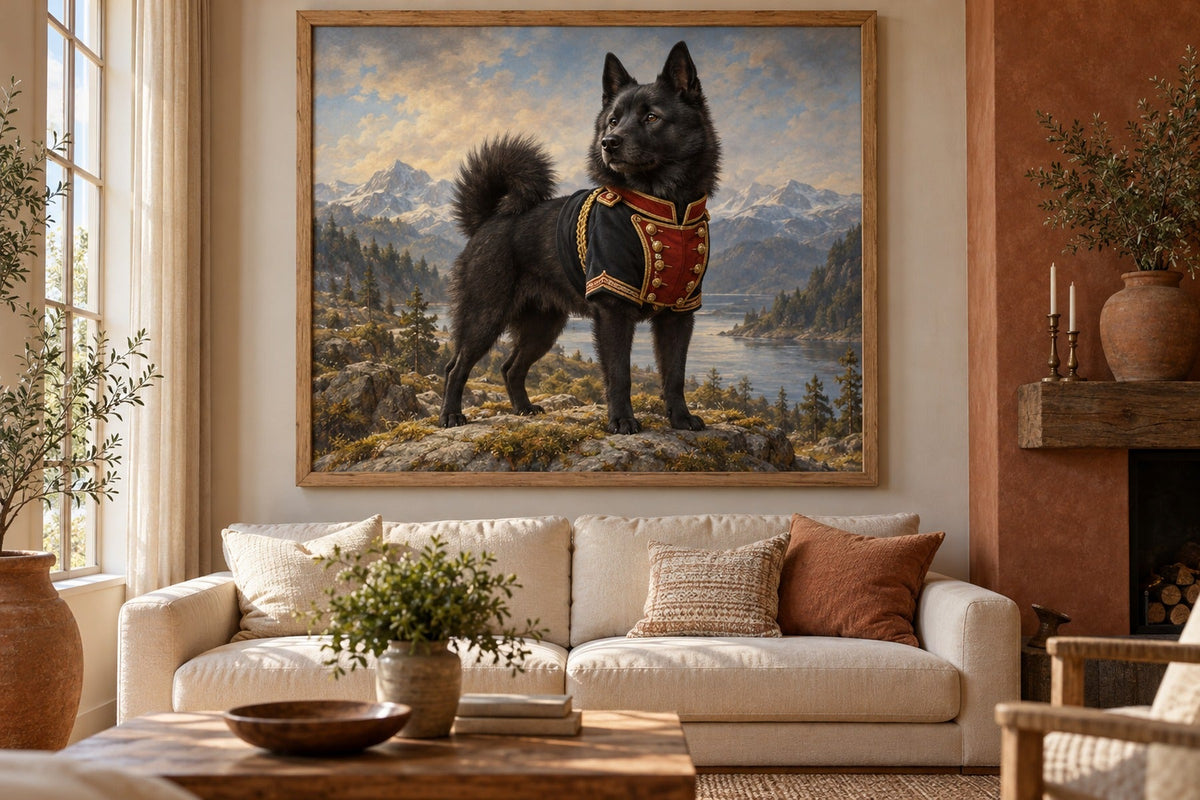 Norwegischer Elchhund schwarz als Wandbild im Stil Royal mit kurzer Uniform, Raum: terrakottafarbenes Wohnzimmer
