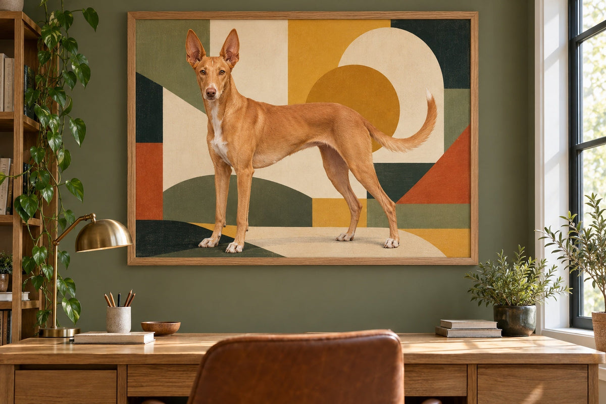 Portugiesischer Podengo als Wandbild im Stil Pop-Art, Raum: salbeifarbenes Arbeitszimmer