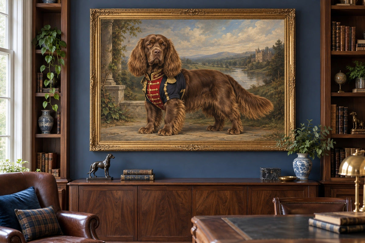 Sussex Spaniel als Wandbild im Stil Royal mit kurzer Uniform, Raum: blaues Arbeitszimmer