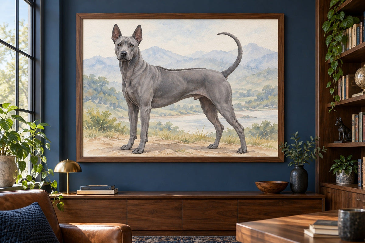 Thai Ridgeback als Wandbild im Stil Aquarell, Raum: blaues Arbeitszimmer