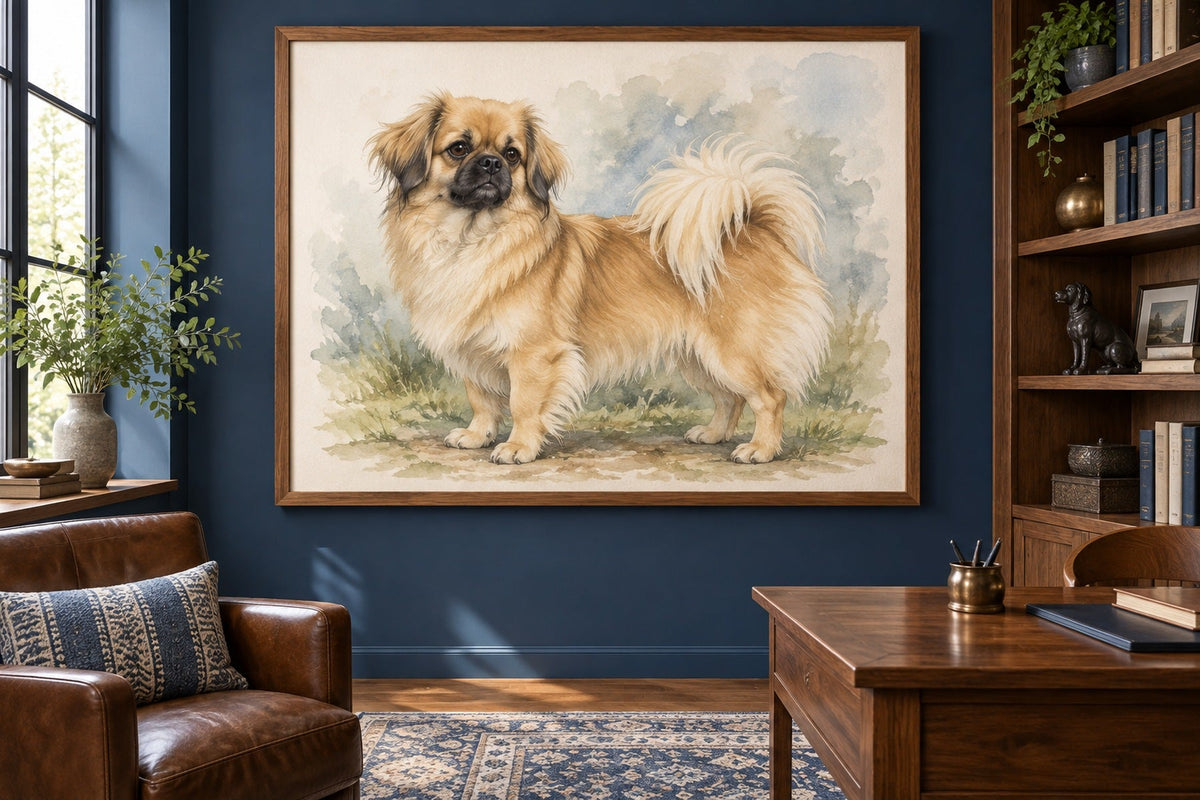 Tibet-Spaniel als Wandbild im Stil Aquarell, Raum: blaues Arbeitszimmer