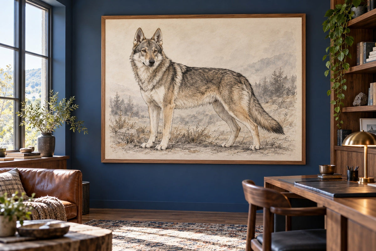 Tschechoslowakischer Wolfhund als Wandbild im Stil Kohle-Sketch, Raum: blaues Arbeitszimmer