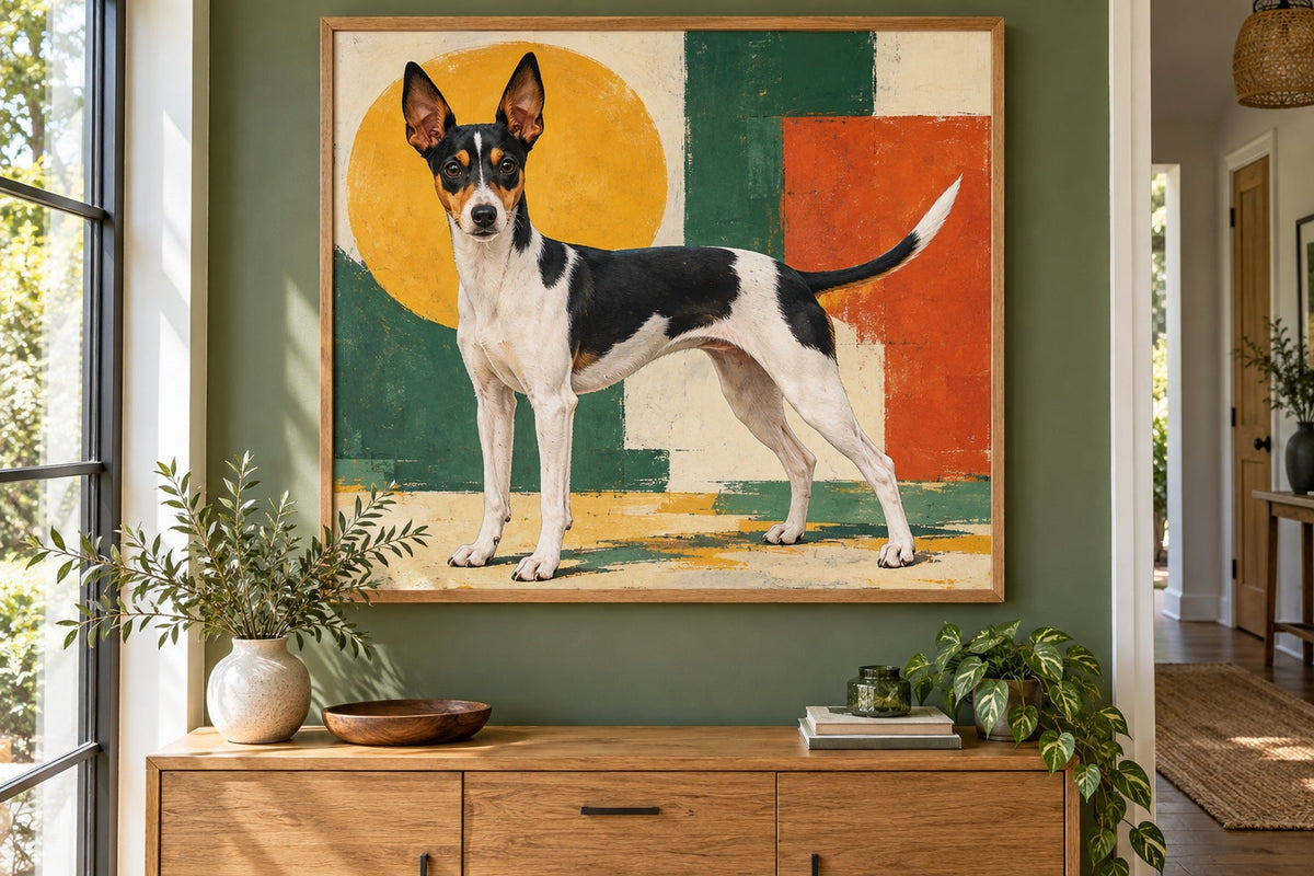 Valencianischer Terrier als Wandbild im Stil Pop-Art, Raum: grüner Flur