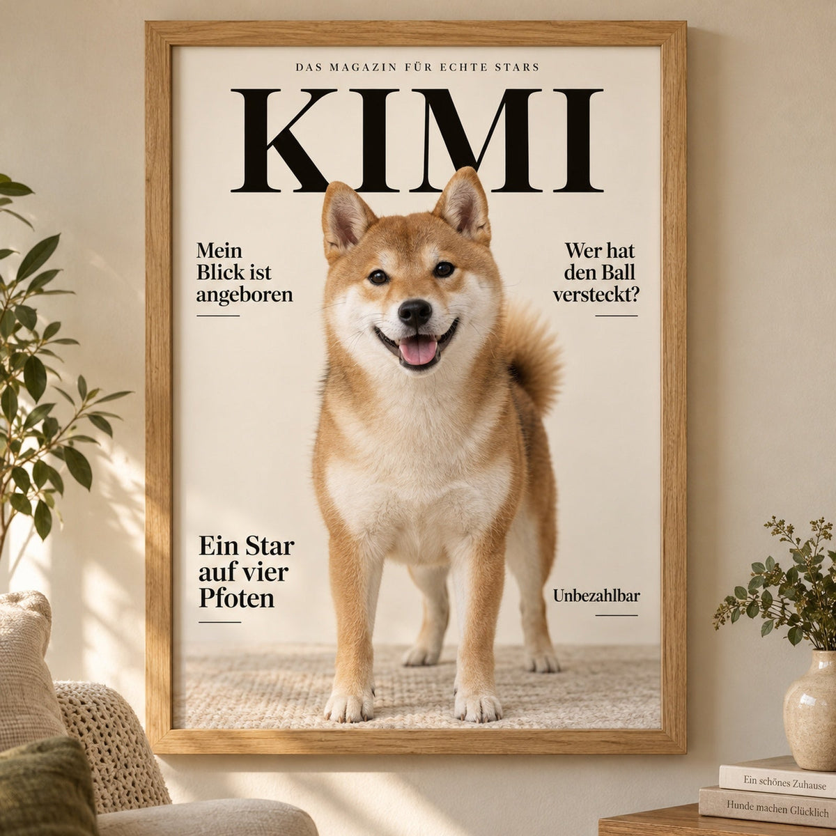 Roter Shiba Inu als Magazin-Cover im Holzrahmen