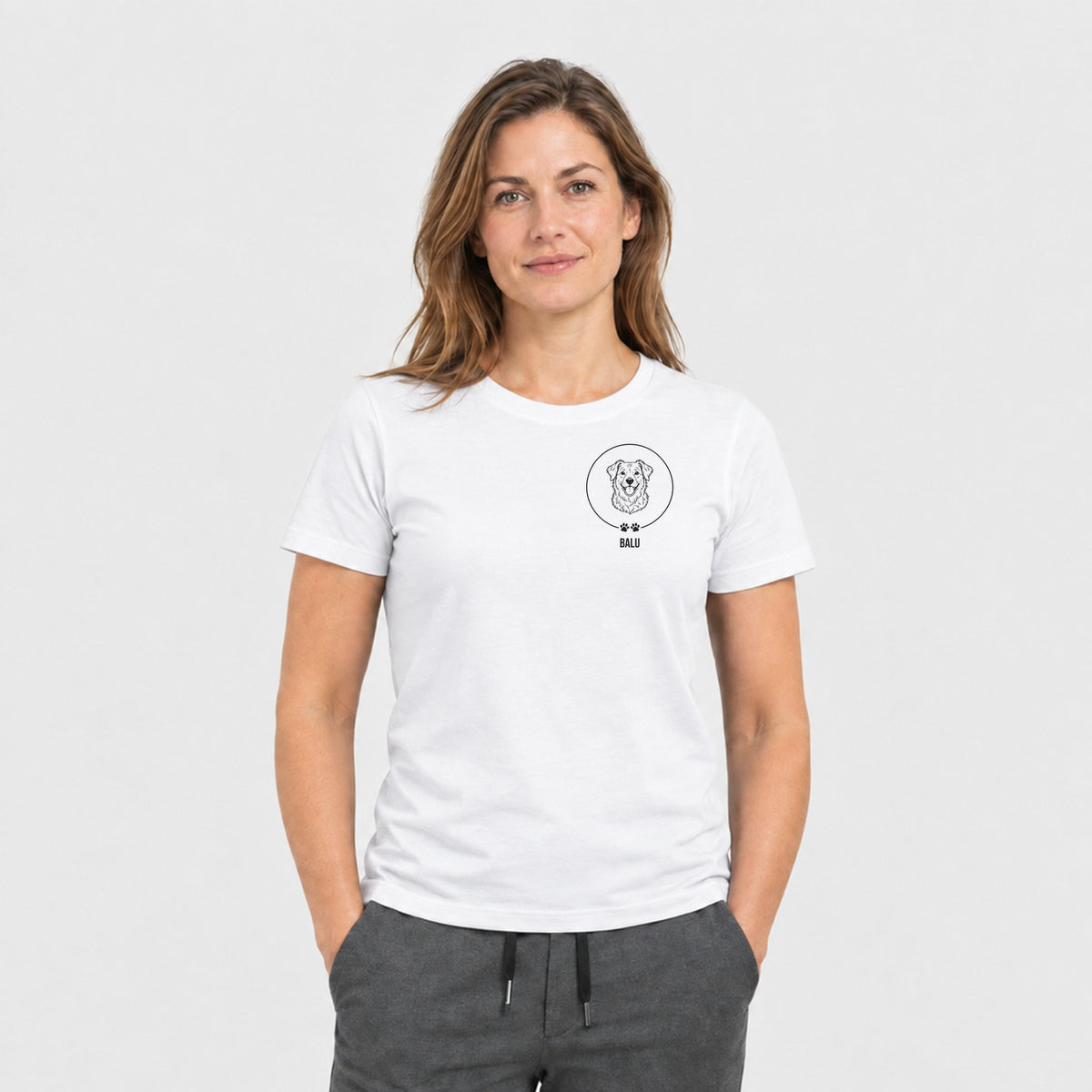 Tierportrait als Brustmotiv mit Namen, T-Shirt hell