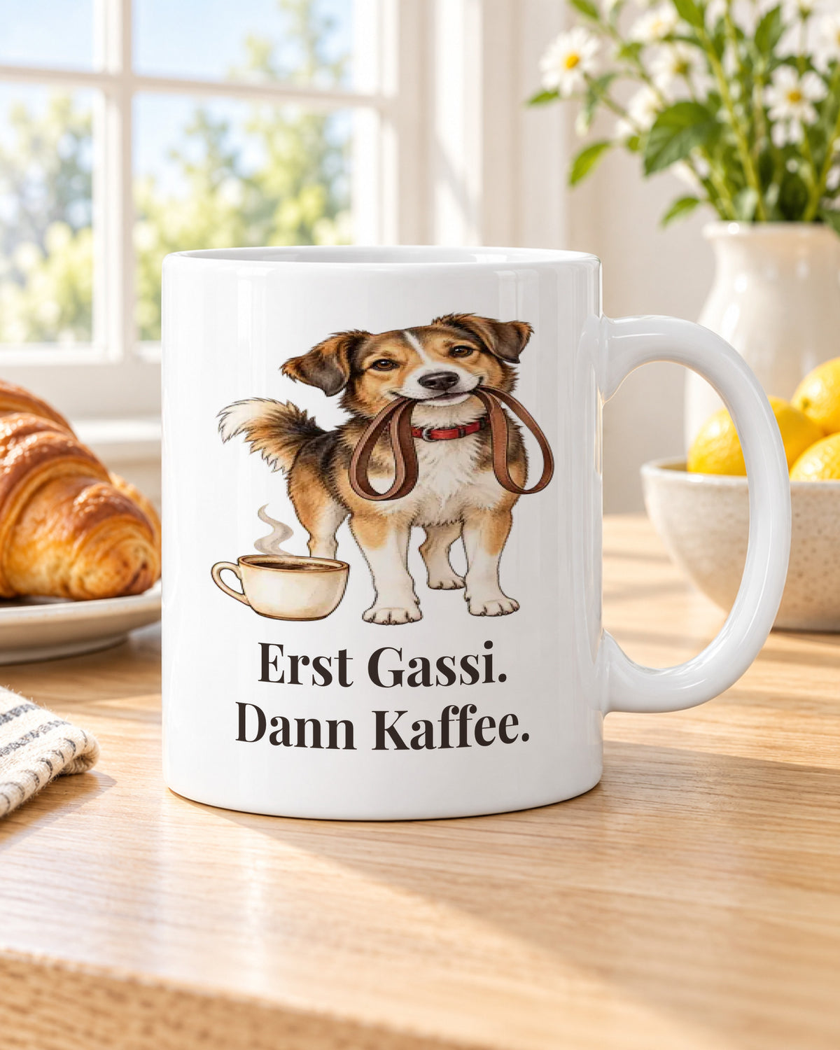 Hundetasse „Erst Gassi. Dann Kaffee.“ am Frühstückstisch