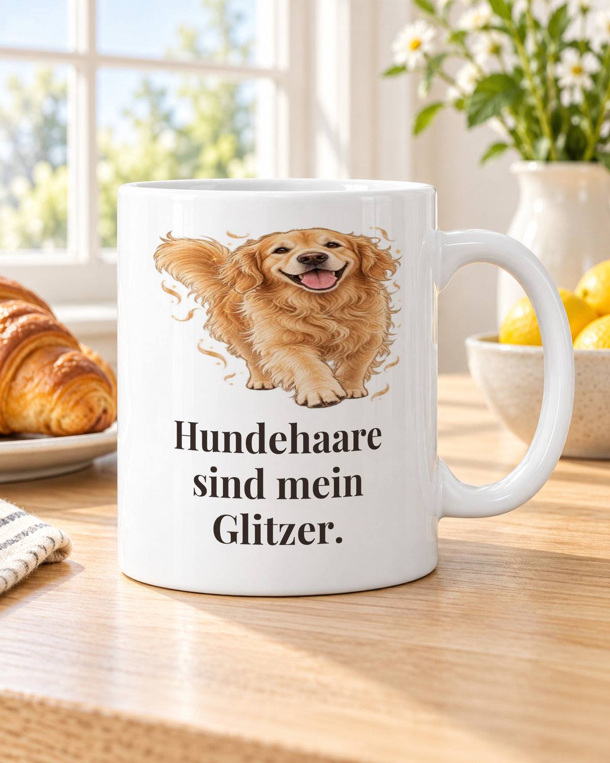 Hundetasse „Hundehaare sind mein Glitzer.“ am Frühstückstisch
