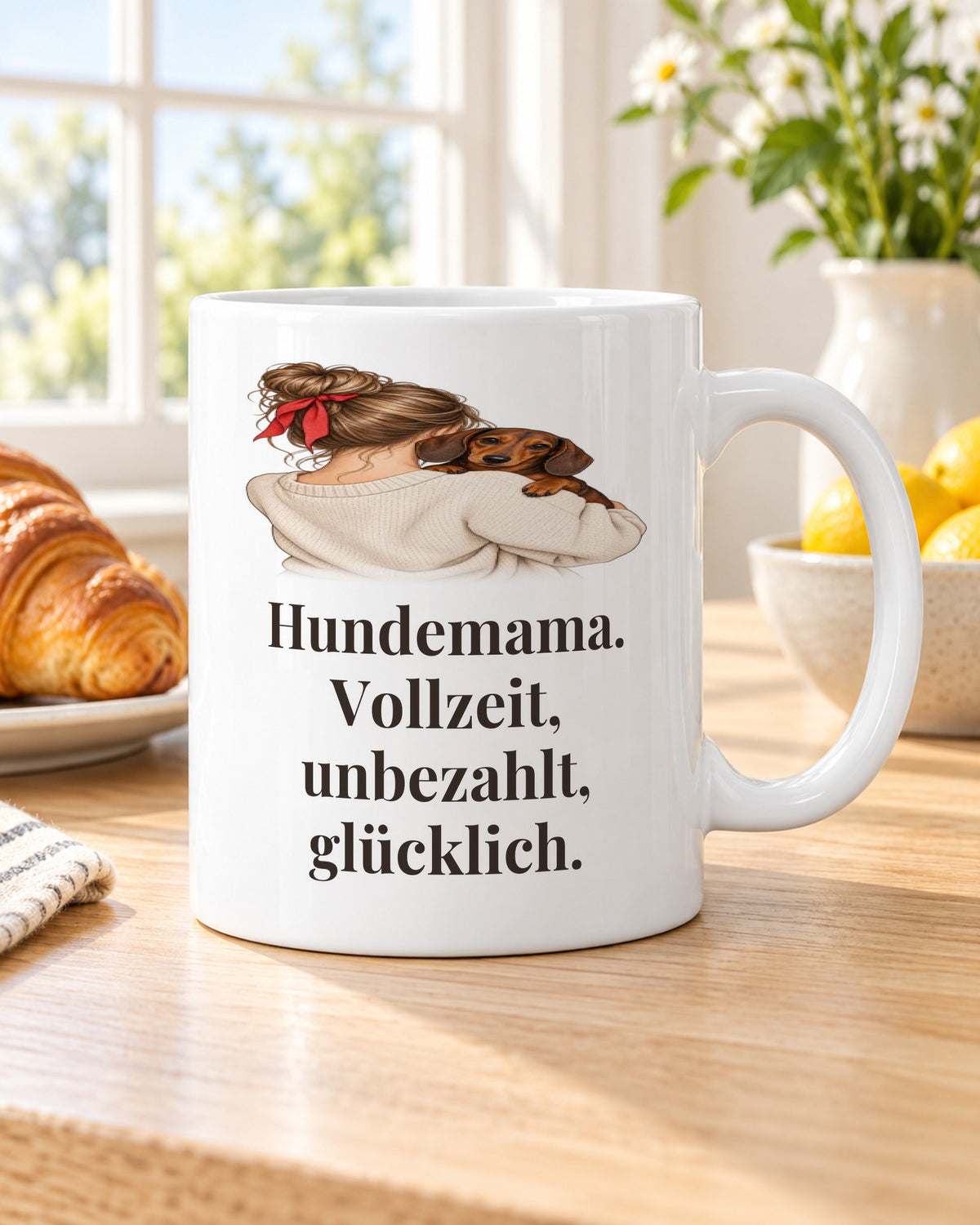 Hundetasse „Hundemama. Vollzeit, unbezahlt, glücklich.“ am Frühstückstisch