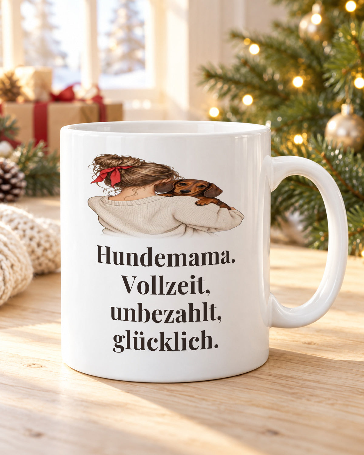 Hundetasse „Hundemama. Vollzeit, unbezahlt, glücklich.“ am Weihnachtsmorgen