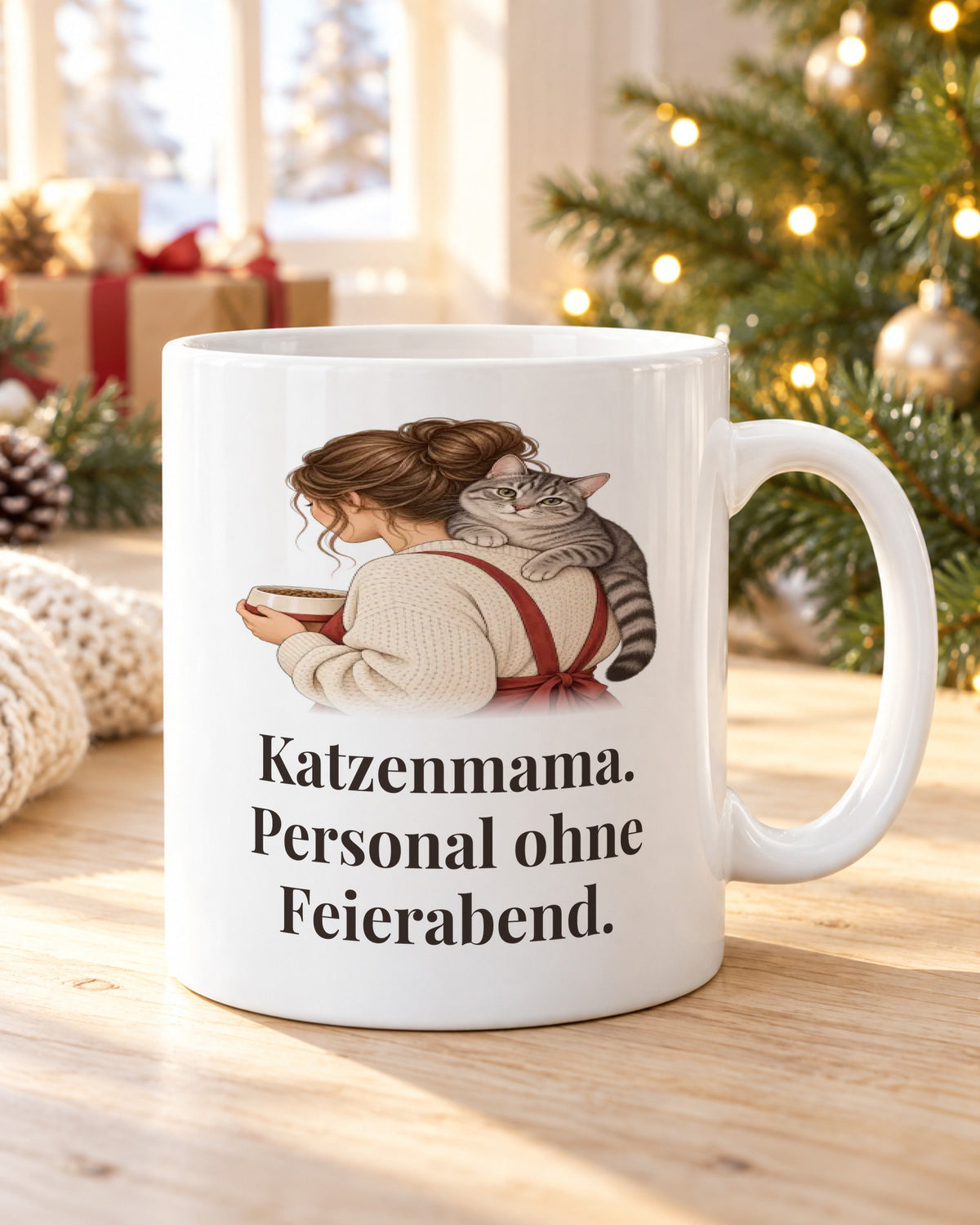Katzentasse „Katzenmama. Personal ohne Feierabend.“ am Weihnachtsmorgen