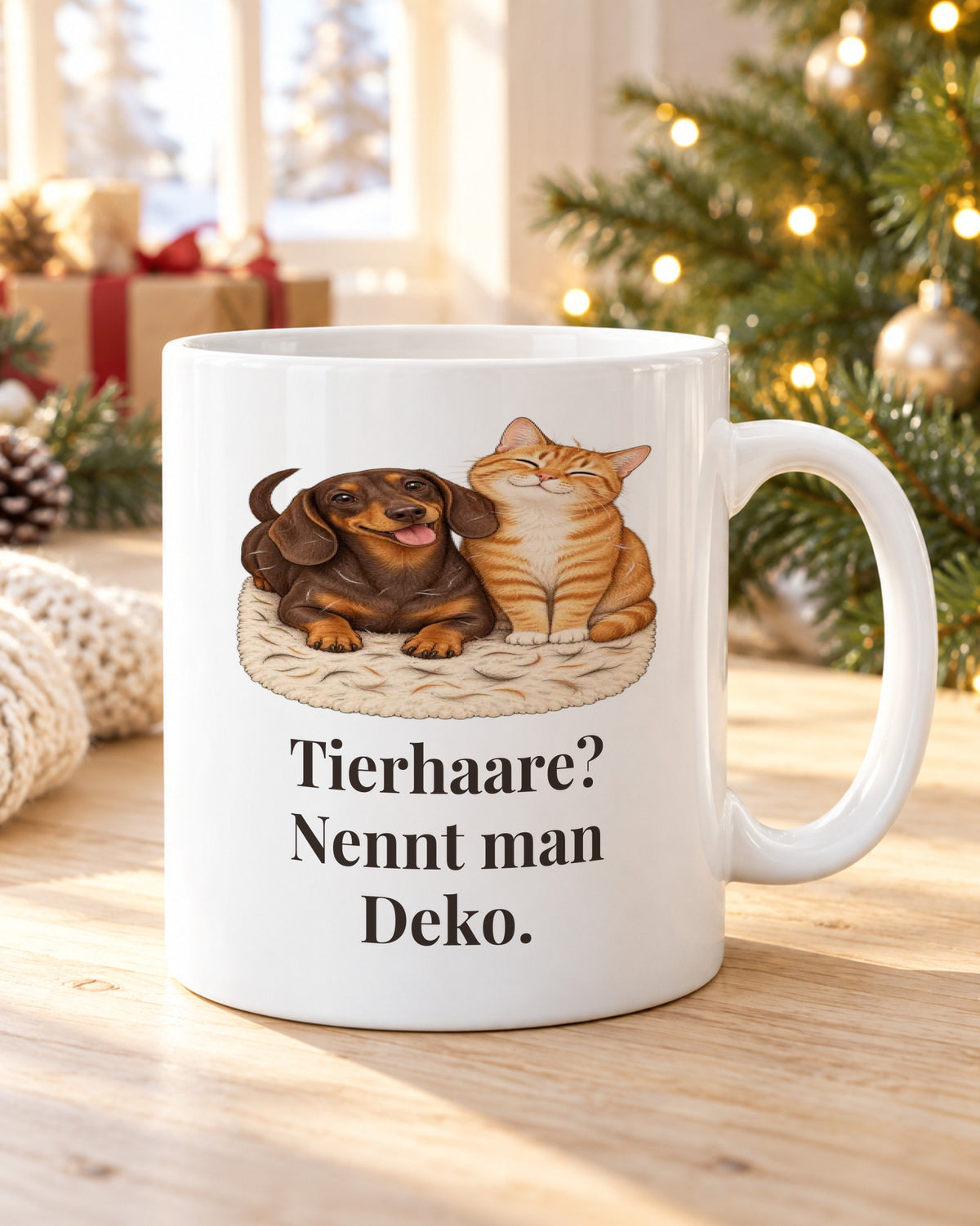 Tasse „Tierhaare? Nennt man Deko.“ am Weihnachtsmorgen