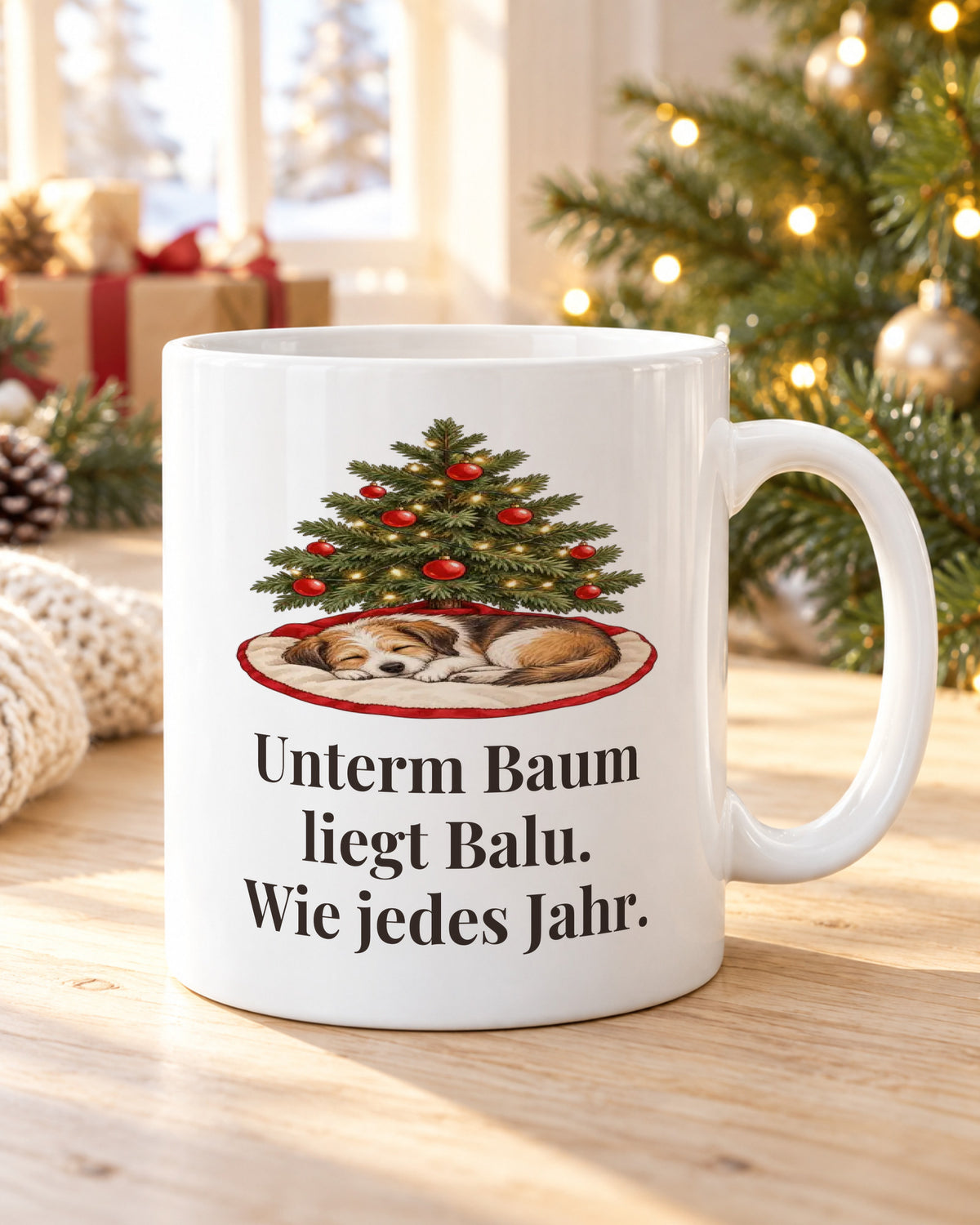 Weihnachtstasse „Unterm Baum liegt Balu. Wie jedes Jahr.“ am Weihnachtsmorgen