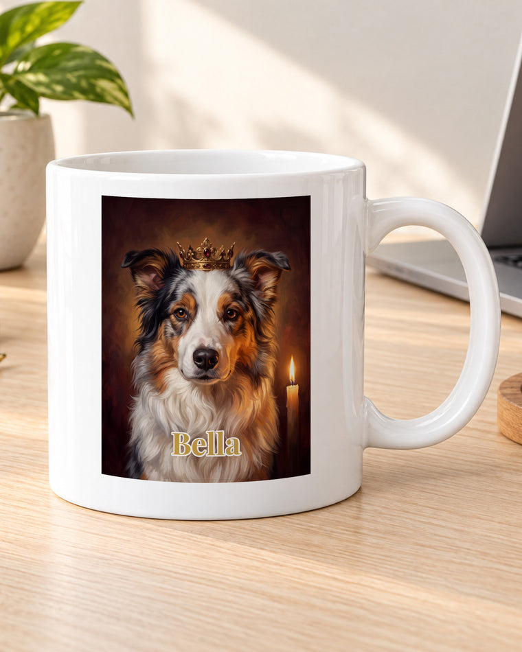 Hundetasse mit Foto im Royal-Stil mit Namen Bella am Schreibtisch