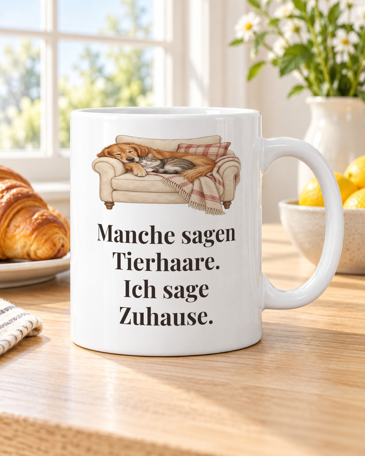 Tasse „Manche sagen Tierhaare. Ich sage Zuhause.“ am Frühstückstisch