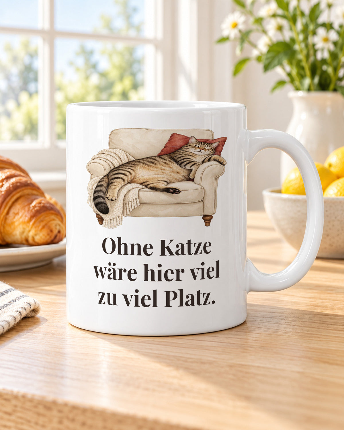 Katzentasse „Ohne Katze wäre hier viel zu viel Platz.“ am Frühstückstisch