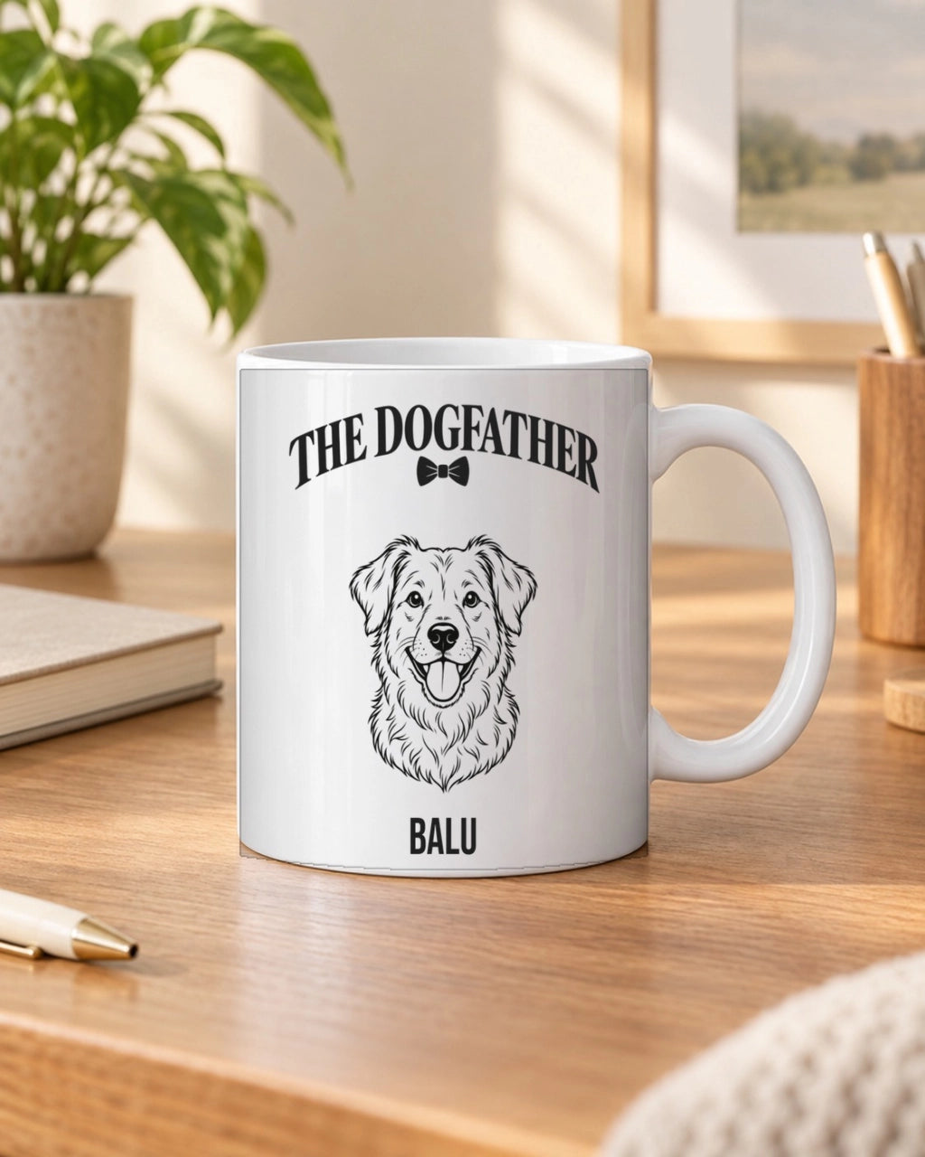 The Dogfather mit Foto deines Hundes, Tasse 11 oz am Schreibtisch, Beispiel mit Name Balu