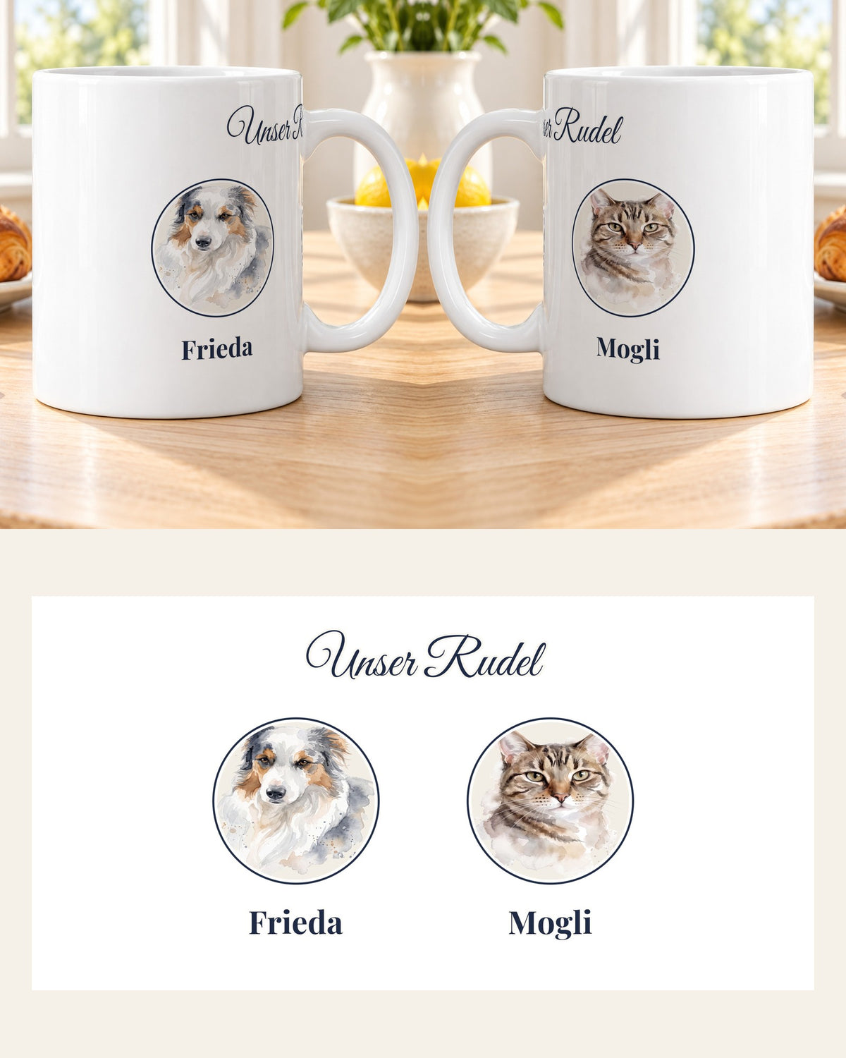 Rudel-Tasse von beiden Seiten mit Hund Frieda und Katze Mogli, darunter das ganze Motiv
