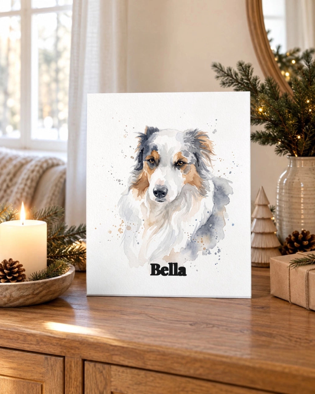 Hundeportrait auf Holz im Weihnachtszimmer