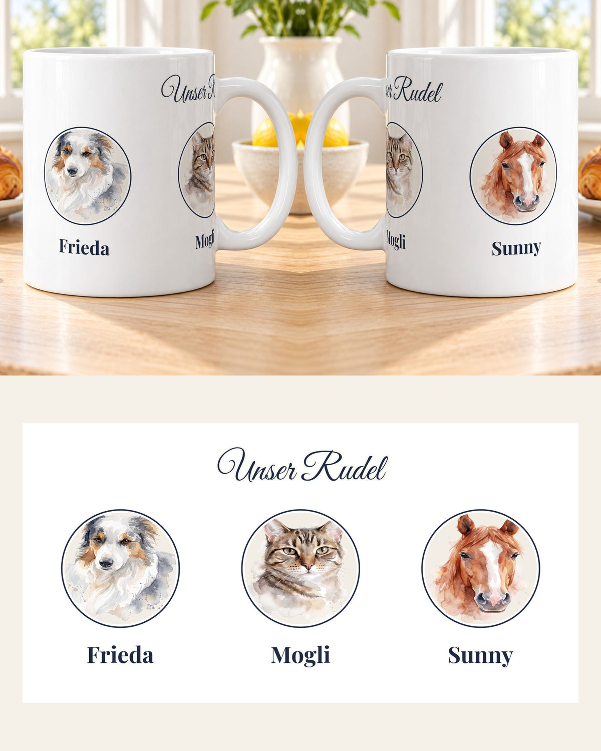 Rudel-Tasse mit drei Tieren von beiden Seiten, darunter das ganze Motiv mit Hund, Katze und Pferd
