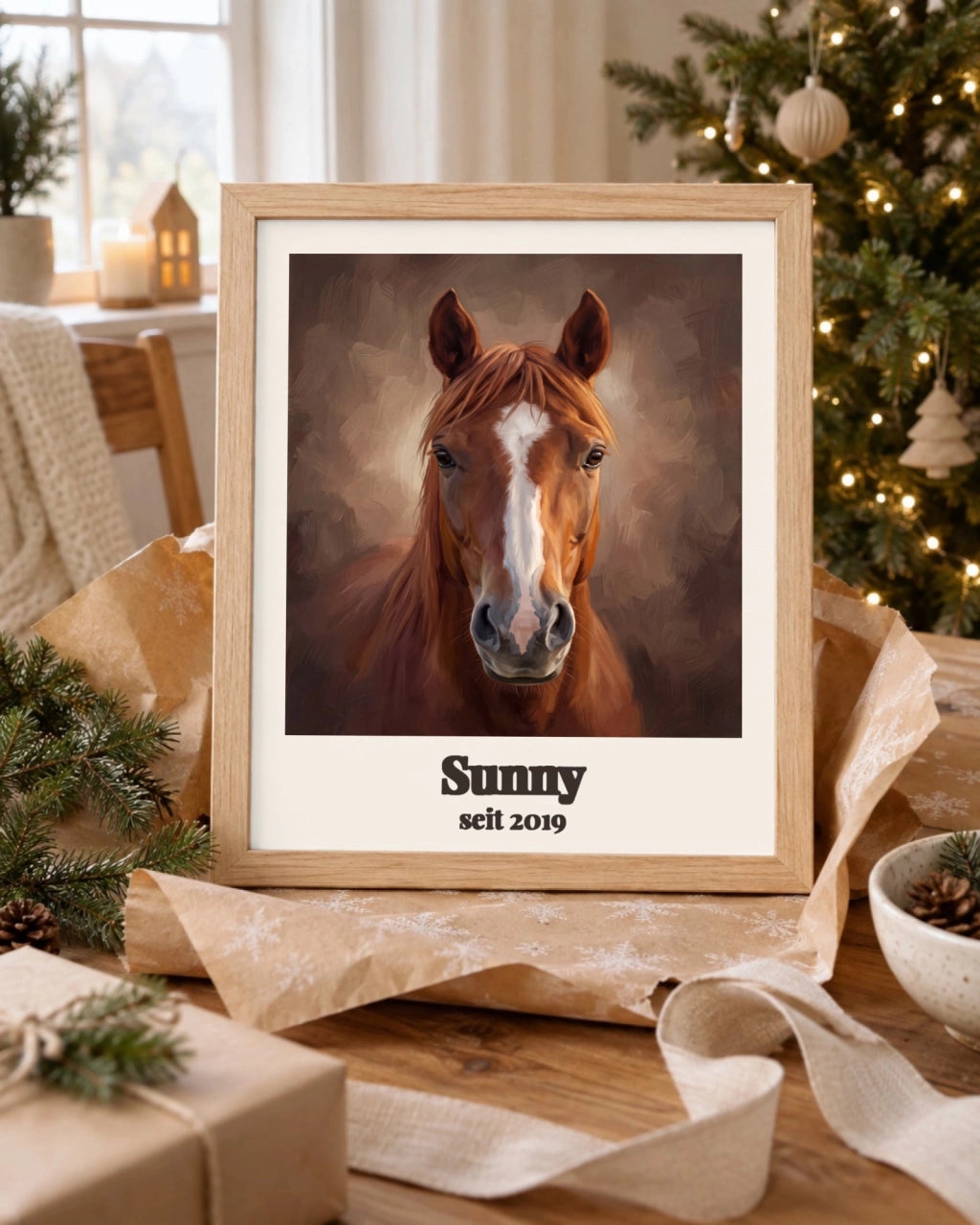 Pferdeportrait als Poster im Holzrahmen im Weihnachtszimmer