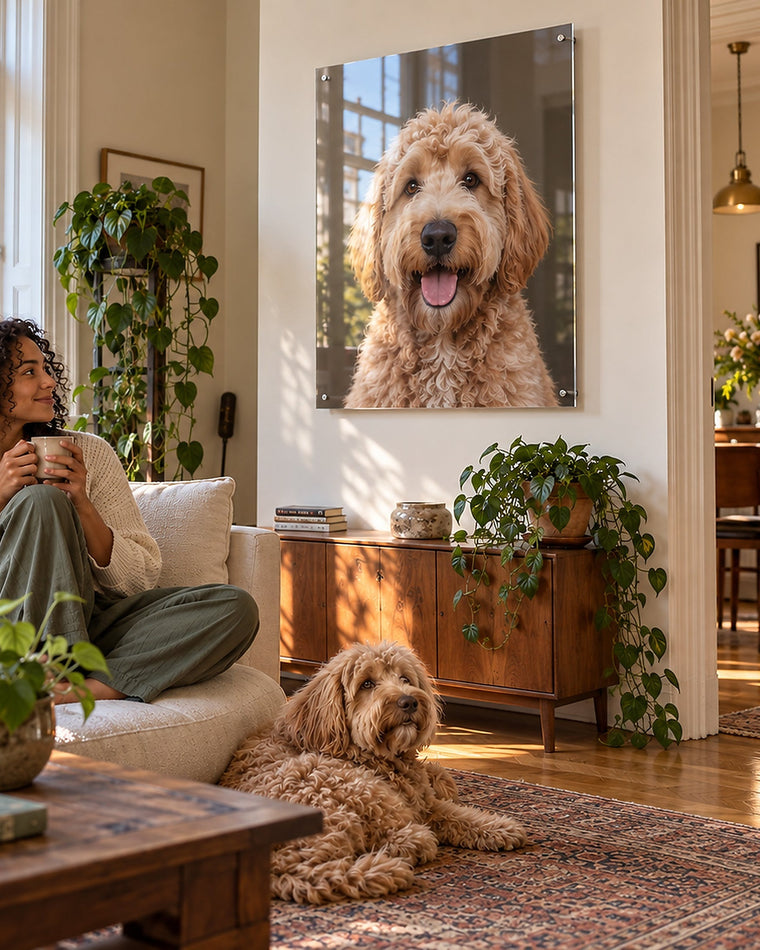 Frau mit Hund im Wohnzimmer vor dem Hundeportrait auf Acrylglas