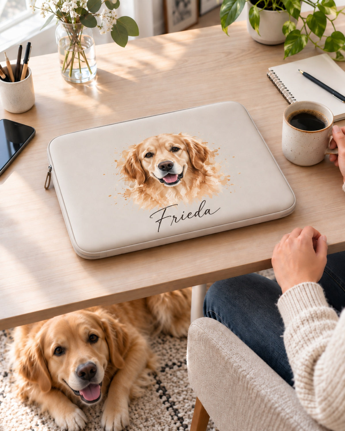 Laptophülle mit Golden Retriever im Aquarell-Stil und Namen Frieda auf dem Schreibtisch, der Golden liegt darunter