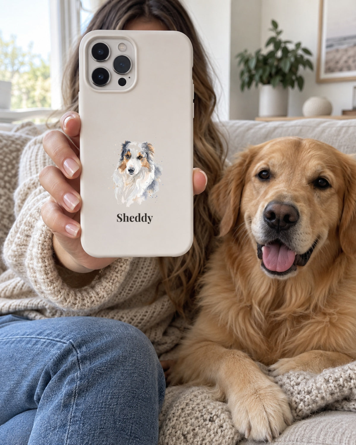 iPhone-Hülle mit Hundeportrait im Stil Aquarell und dem Namen Sheddy, von einer Frau gehalten, ihr Hund liegt daneben