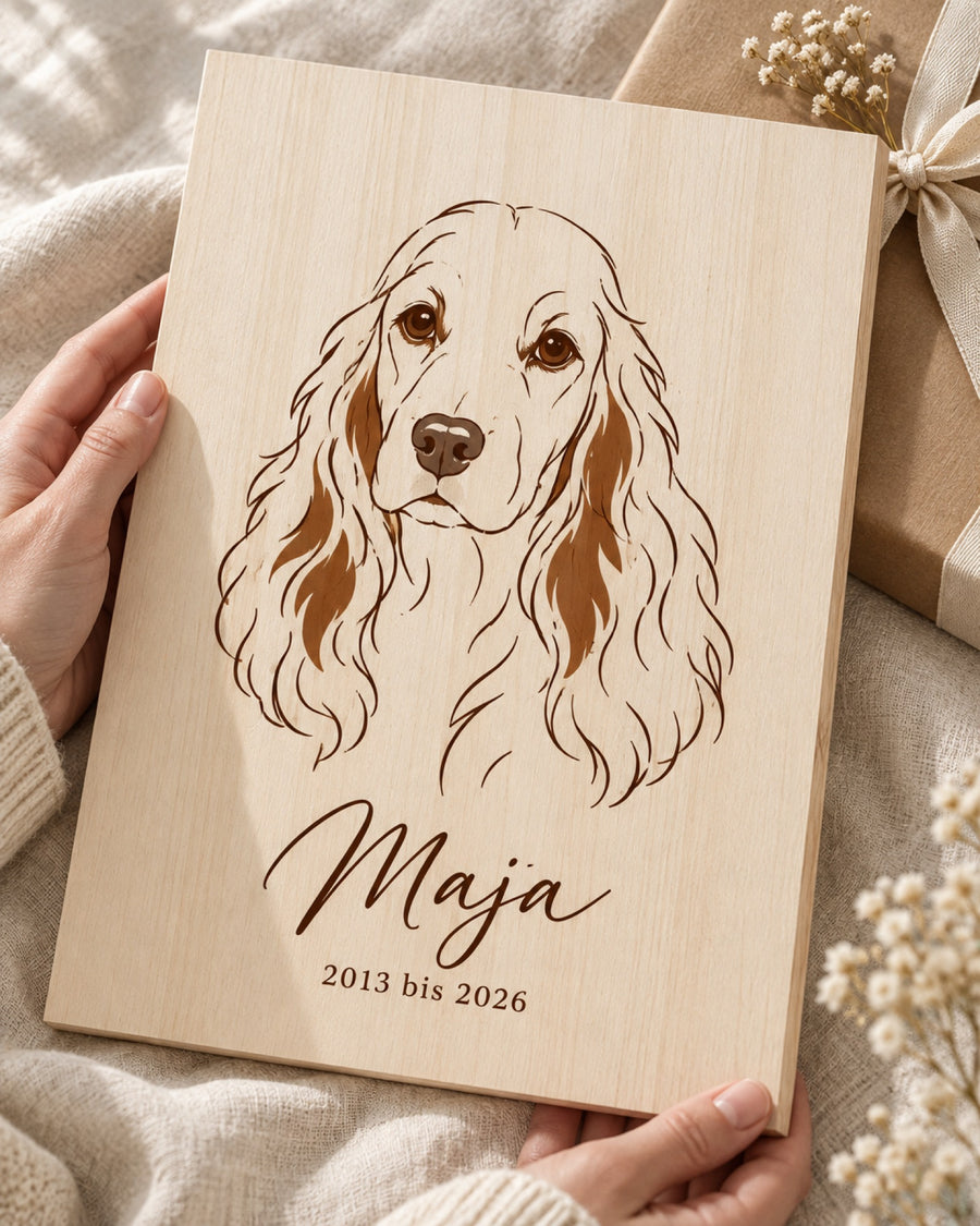Gedenkbild auf Holz mit Cocker Spaniel im Minimalstil, in Händen gehalten