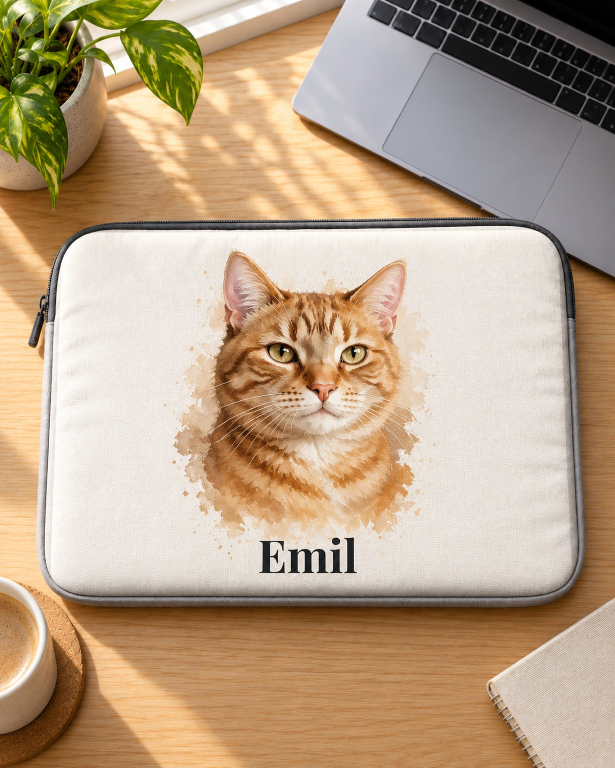 Laptophülle mit roter Katze im Aquarellstil und Namen auf dem Schreibtisch
