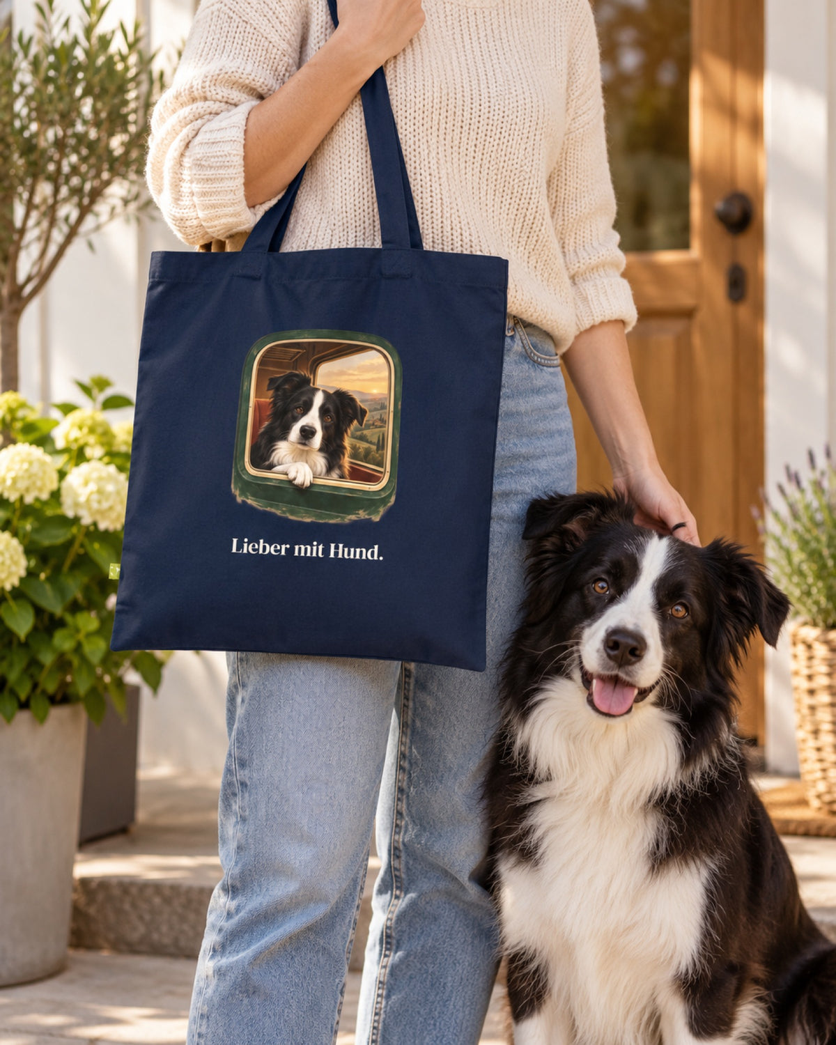 Bio-Baumwolltasche „Lieber mit Hund.“ über der Schulter, Border Collie sitzt daneben