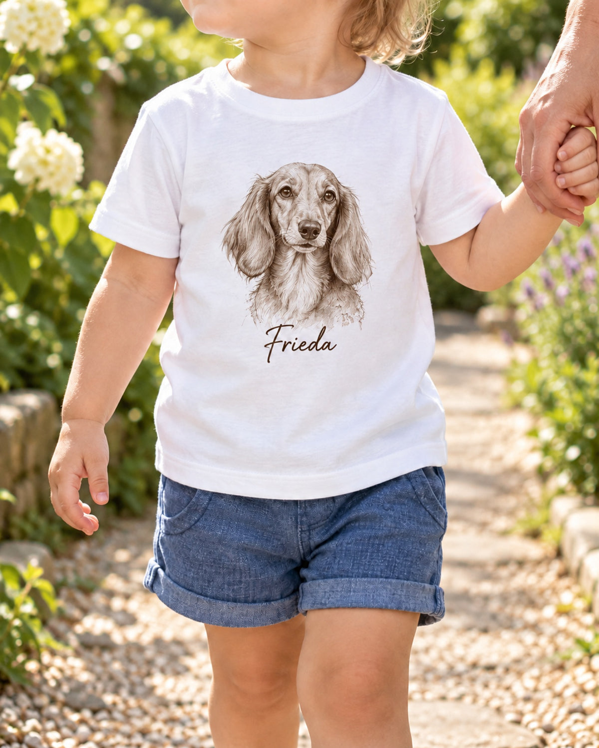 Kleinkind-T-Shirt mit Cocker Spaniel als Zeichnung im Garten