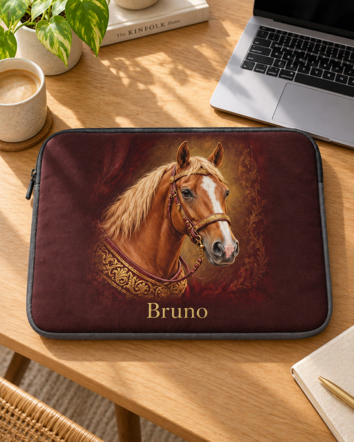 Personalisierte Laptophülle mit Pferdeportrait im Royal-Stil und Namen auf dem Schreibtisch