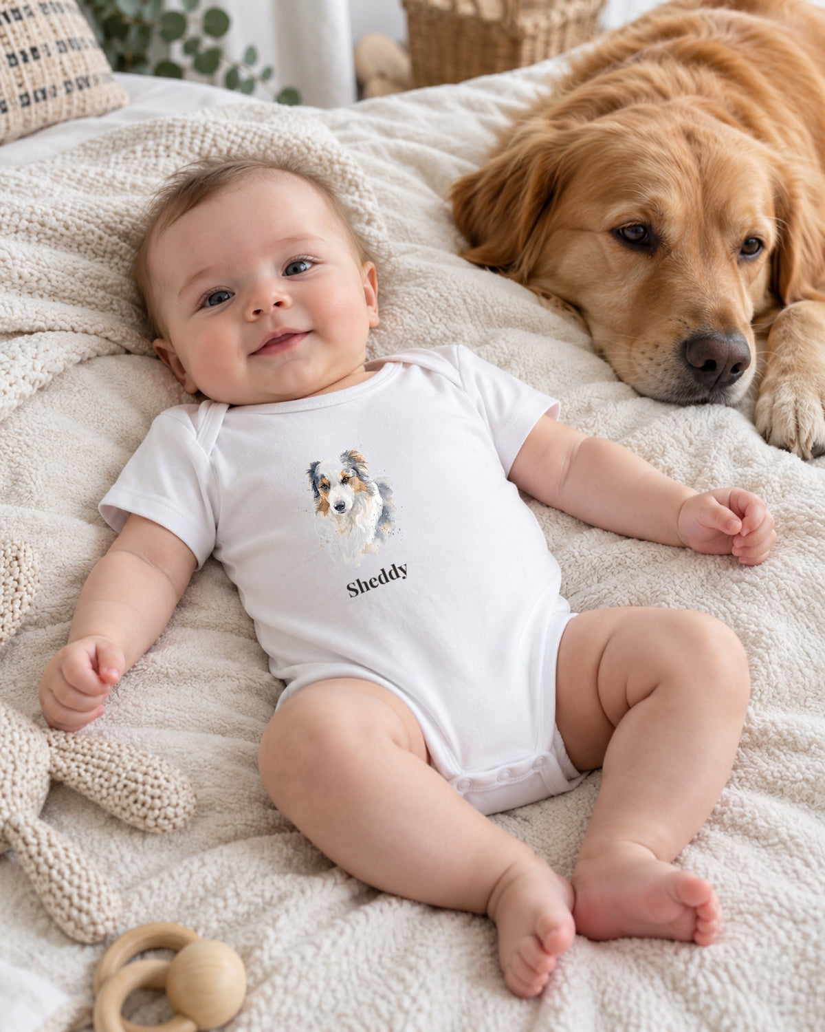 Babybody mit Australian Shepherd im Aquarell-Stil und Namen Sheddy, das Baby liegt neben dem Aussie