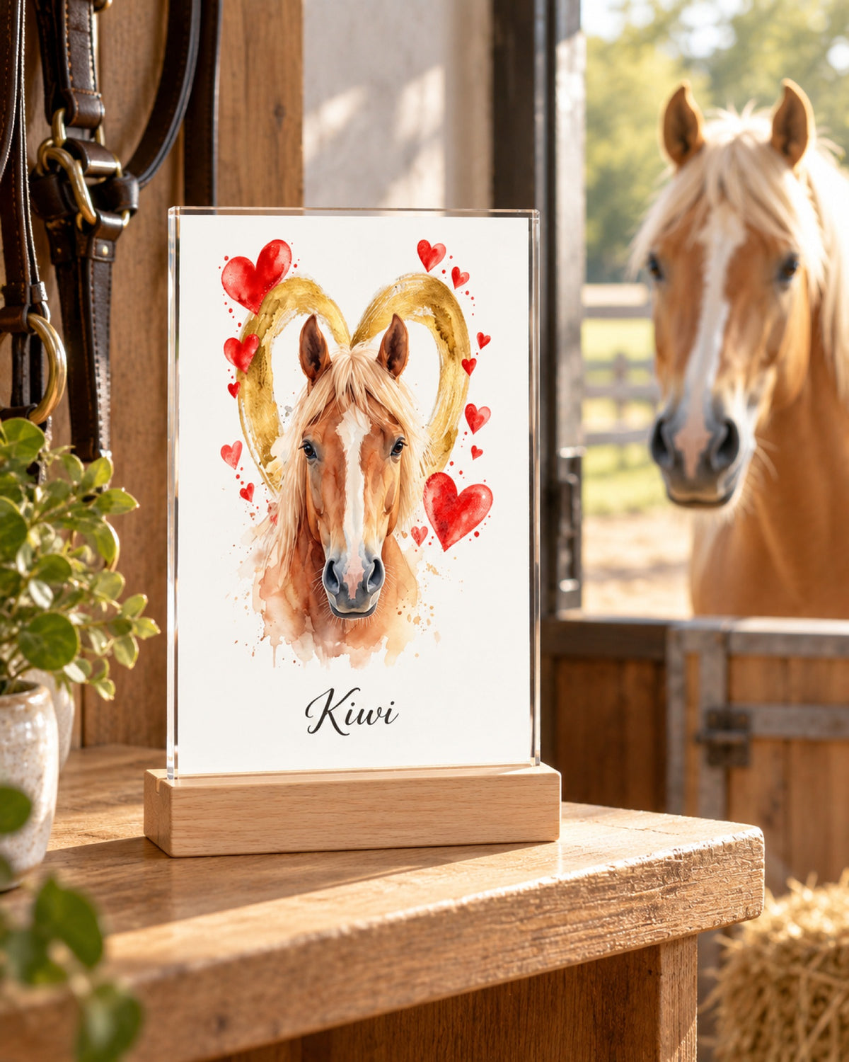 Acryl-Aufsteller im Herzensbild-Stil, Haflinger schaut aus der Box