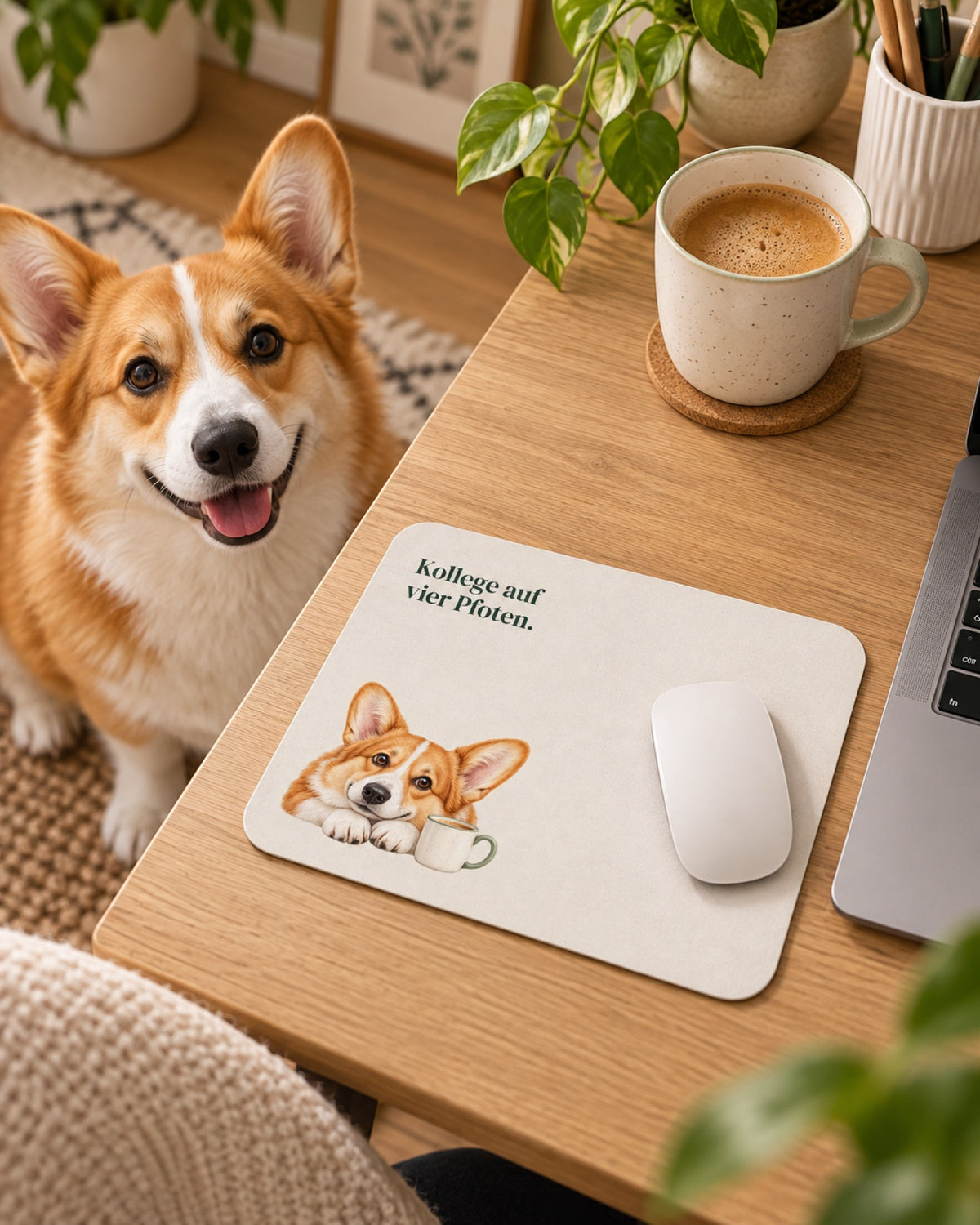 Corgi-Mauspad „Kollege auf vier Pfoten.“, echter Corgi schaut zu