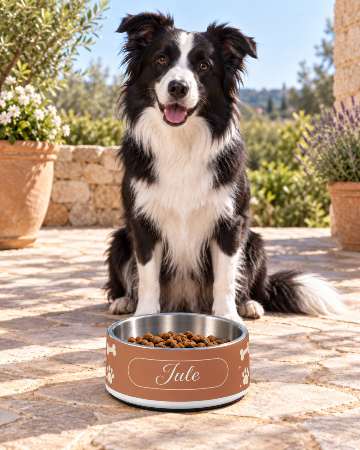 Border Collie auf der sonnigen Terrasse vor terrakottafarben bedrucktem Napf mit Knochen, Pfoten und dem Namen Jule