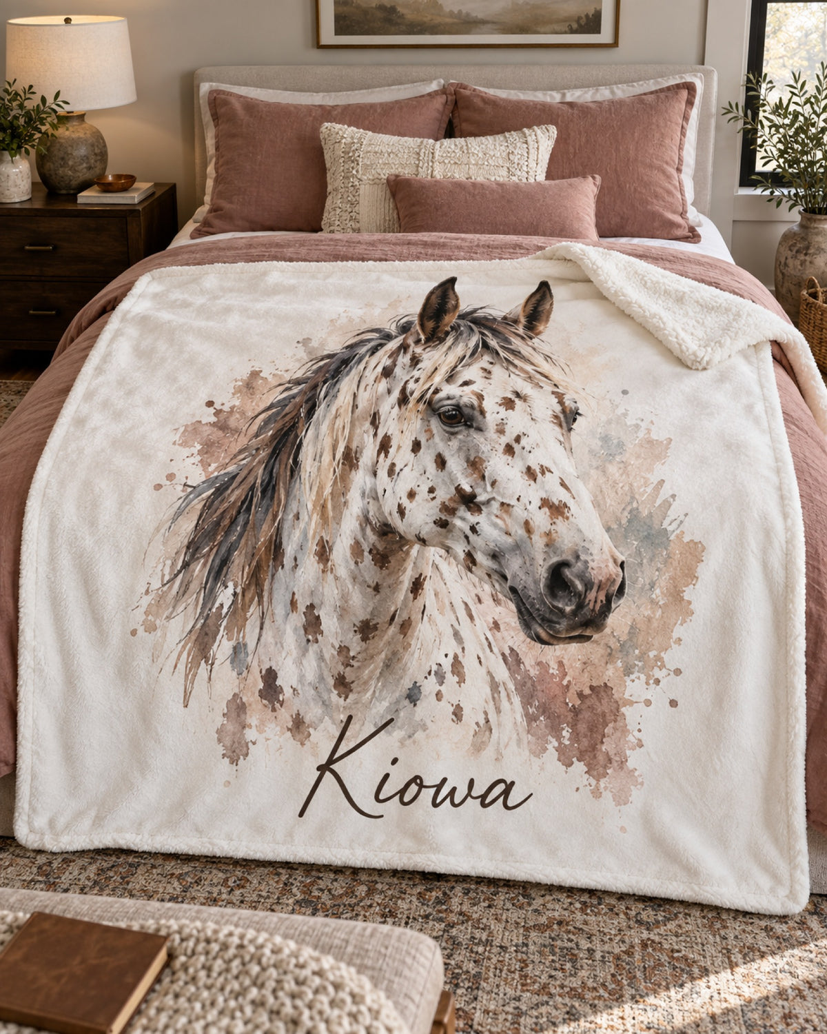 Sherpa-Decke mit Tigerschecke im Aquarell-Stil und Namen Kiowa auf dem Bett