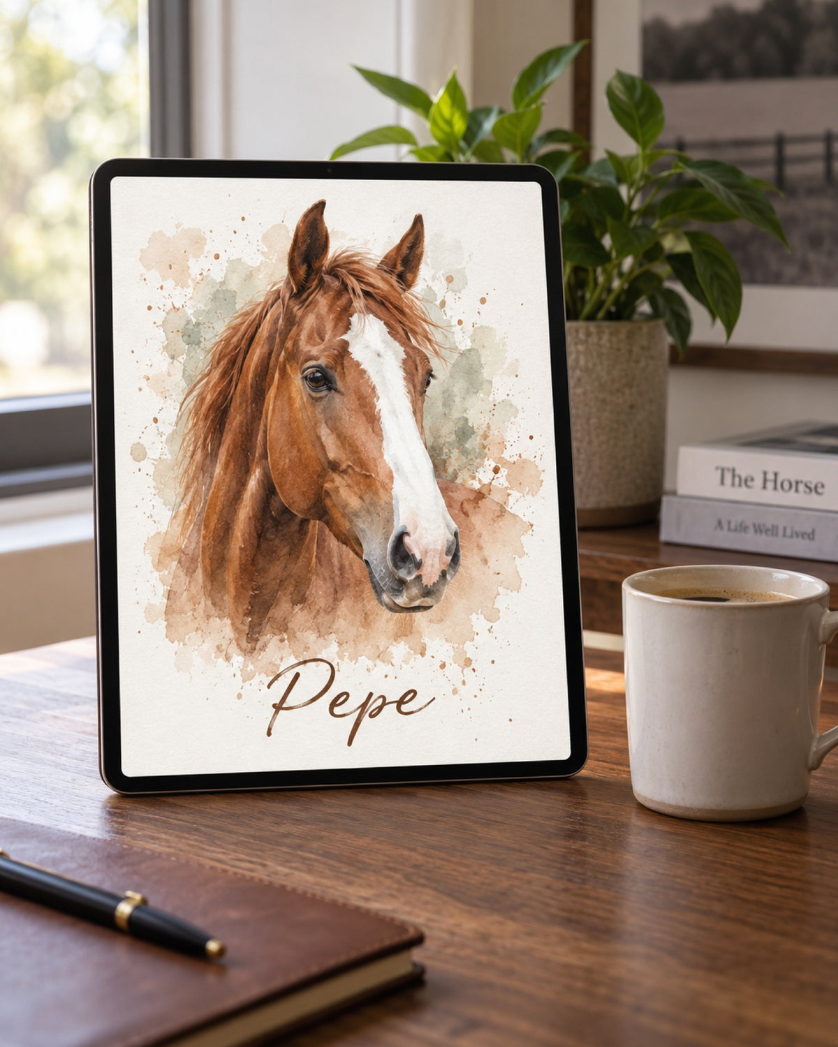 Tablet auf dem Schreibtisch zeigt das digitale Portrait des Fuchses Pepe im Aquarell-Stil neben einer Kaffeetasse