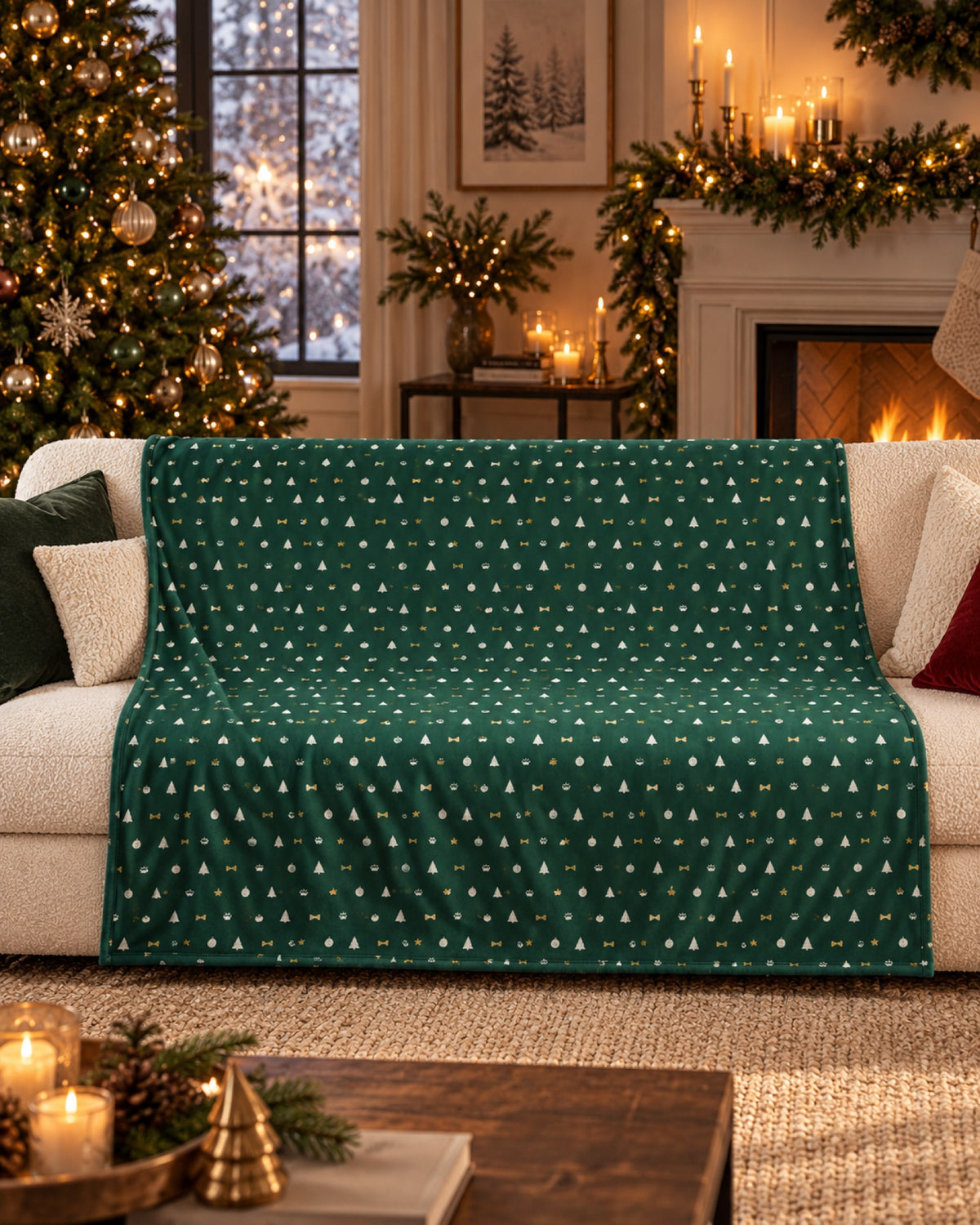 Weihnachtsdecke in Tannengrün mit Tannenmuster auf dem Sofa am Kamin
