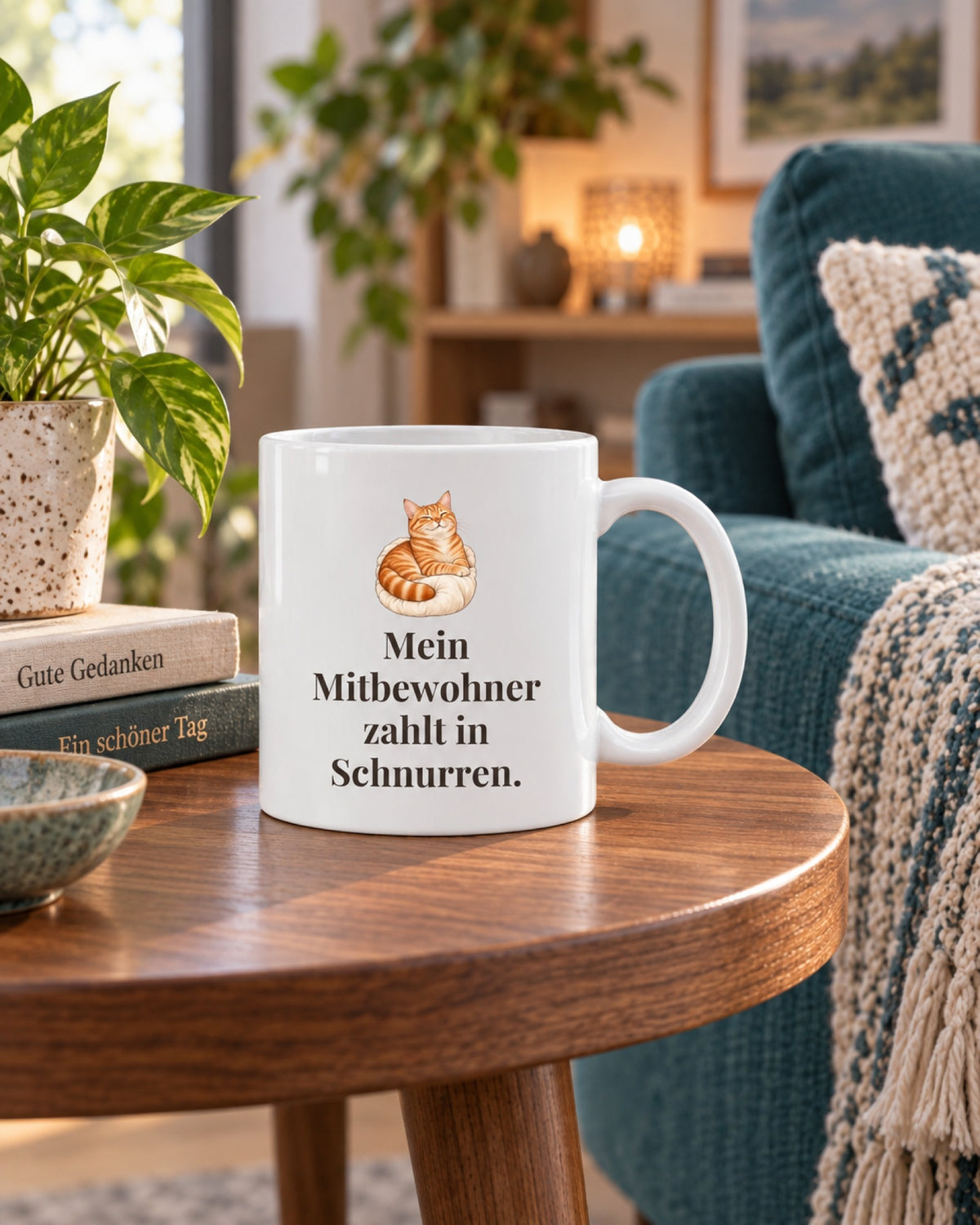 Tasse „Mein Mitbewohner zahlt in Schnurren.“ mit roter Katze auf dem Beistelltisch vor dem Sofa mit Decke