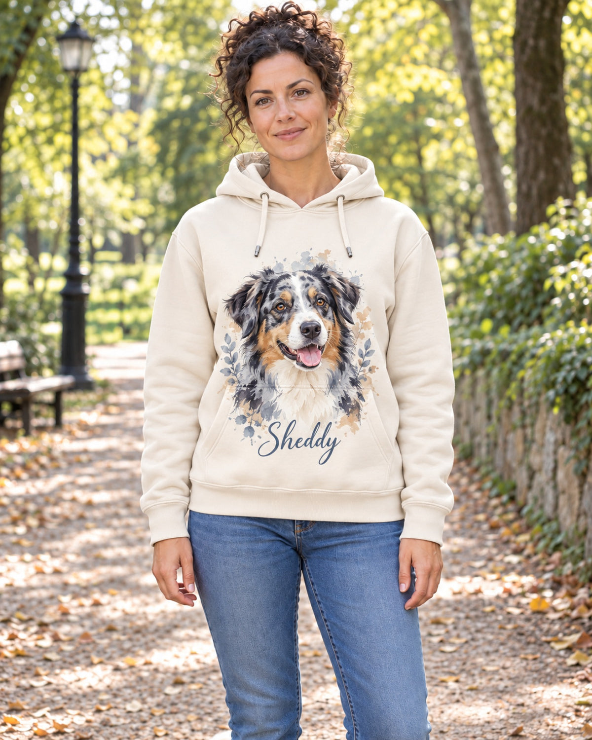 Frau im Park trägt einen Hoodie in Sand mit Australian Shepherd Sheddy im Aquarell-Stil auf der Brust