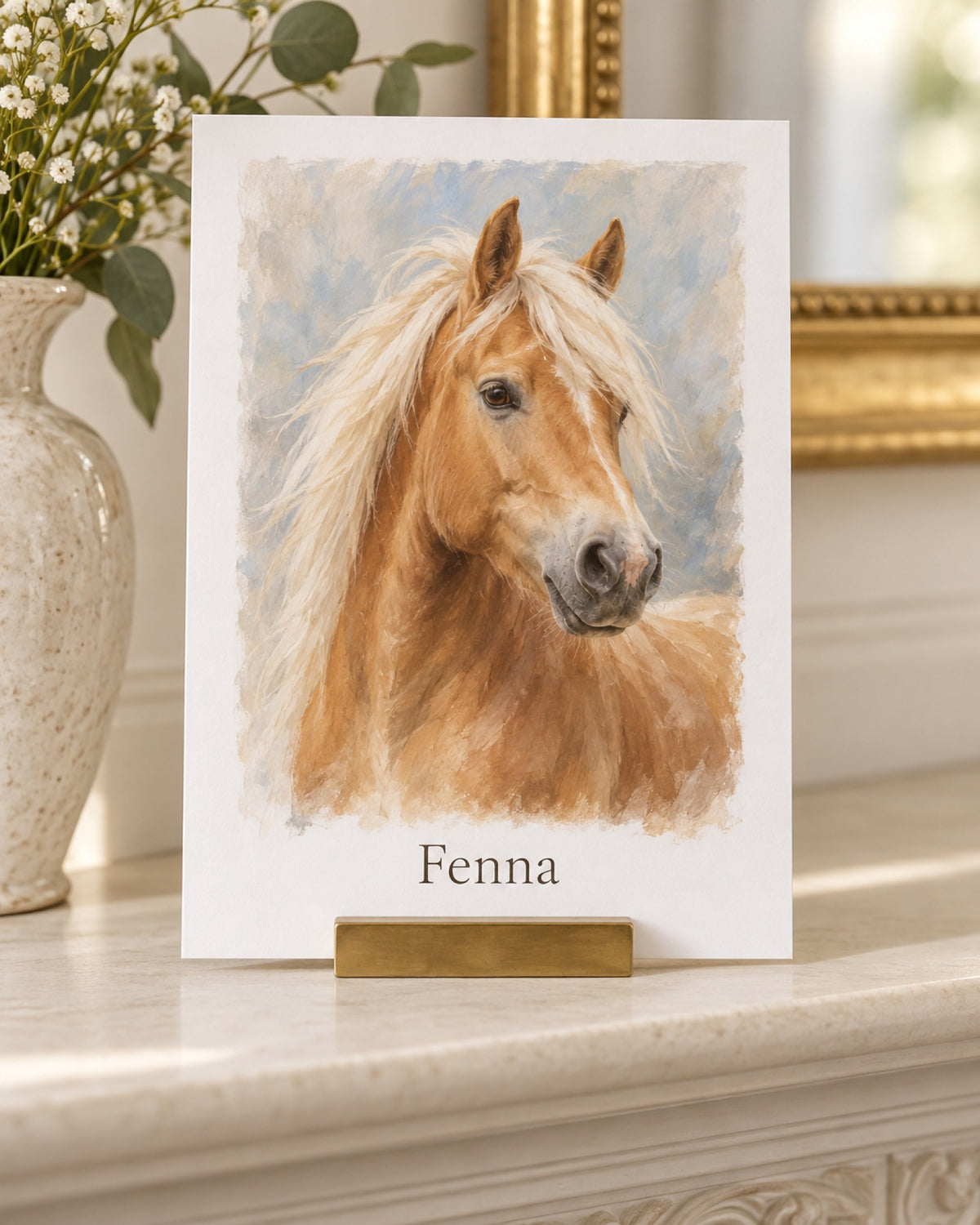 Postkarte mit Haflinger im Ölgemälde-Stil und Namen Fenna im Kartenhalter
