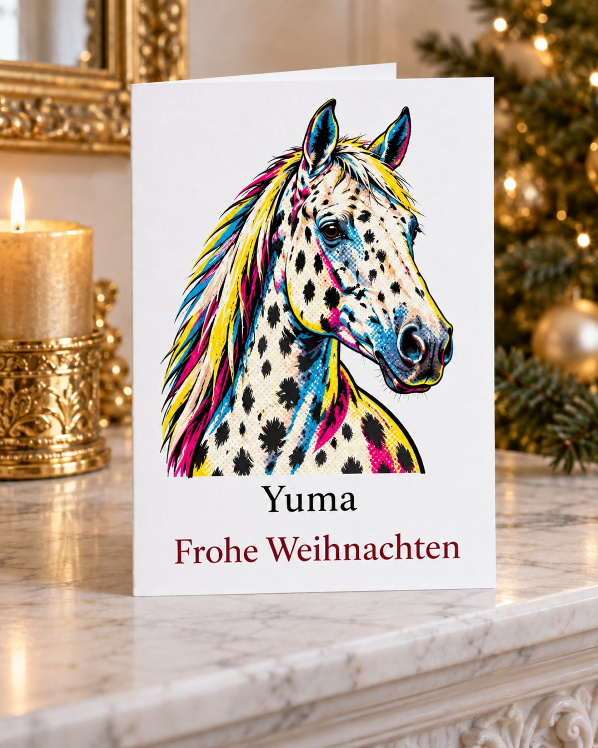 Weihnachtskarte mit Tigerschecke im Pop-Art-Stil und Namen Yuma