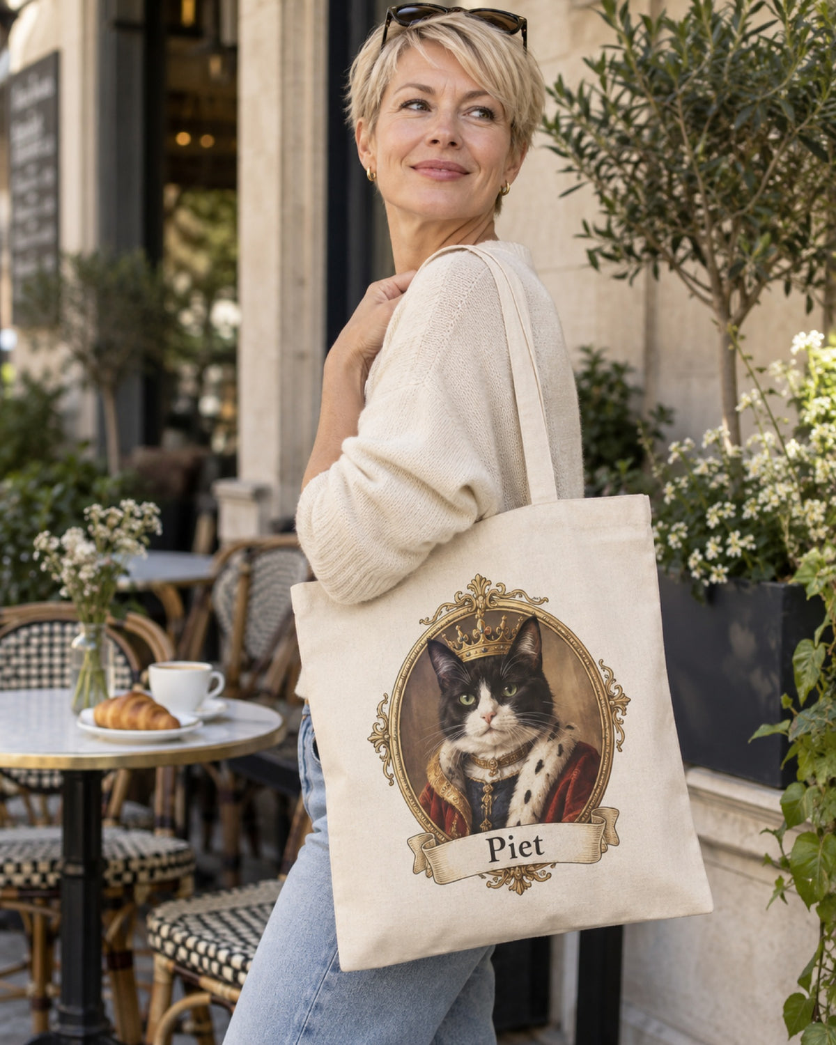 Frau mit naturfarbener Stofftasche mit Katzenportrait im Royal-Stil und Namen Piet vor einem Café