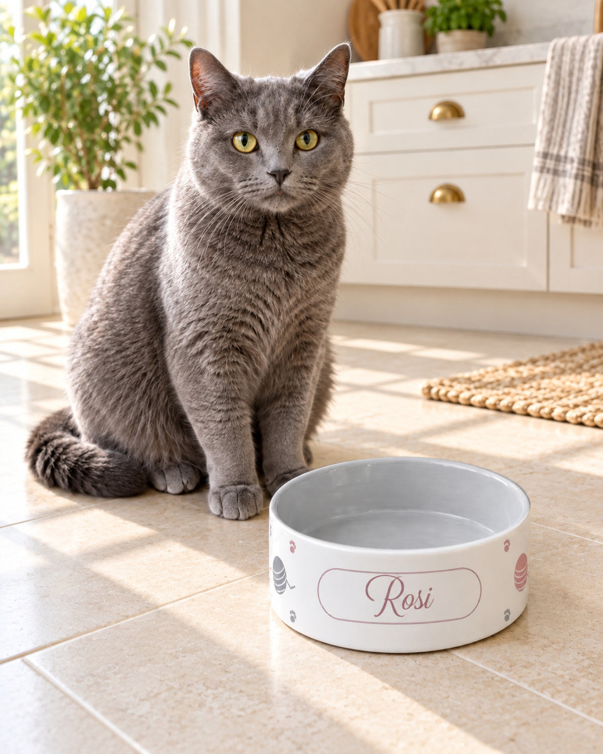 Weißer Katzennapf mit Wollknäueln in Rosé und Namen Rosi, eine graue Kartäuserkatze sitzt in der Küche neben dem Napf