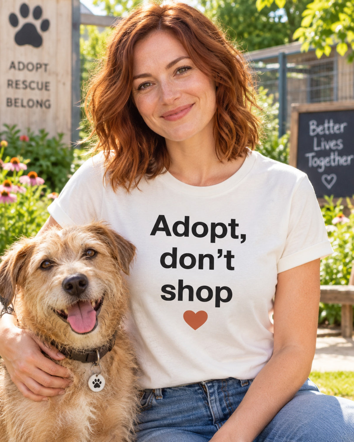 Frau im weißen T-Shirt „Adopt, don’t shop“ mit ihrem Mischlingshund vor einem Tierheim