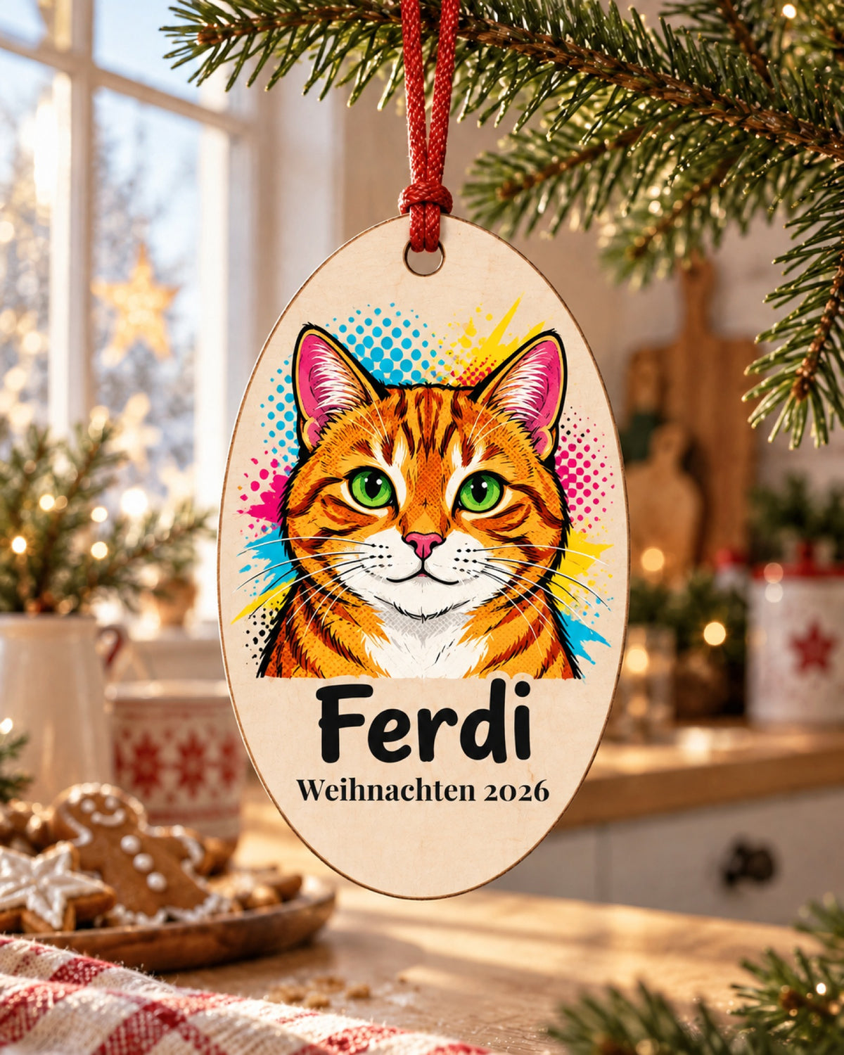 Ovaler Baumschmuck aus Holz mit roter Tigerkatze im Pop-Art-Stil und dem Namen Ferdi, Weihnachten 2026, am Tannenzweig