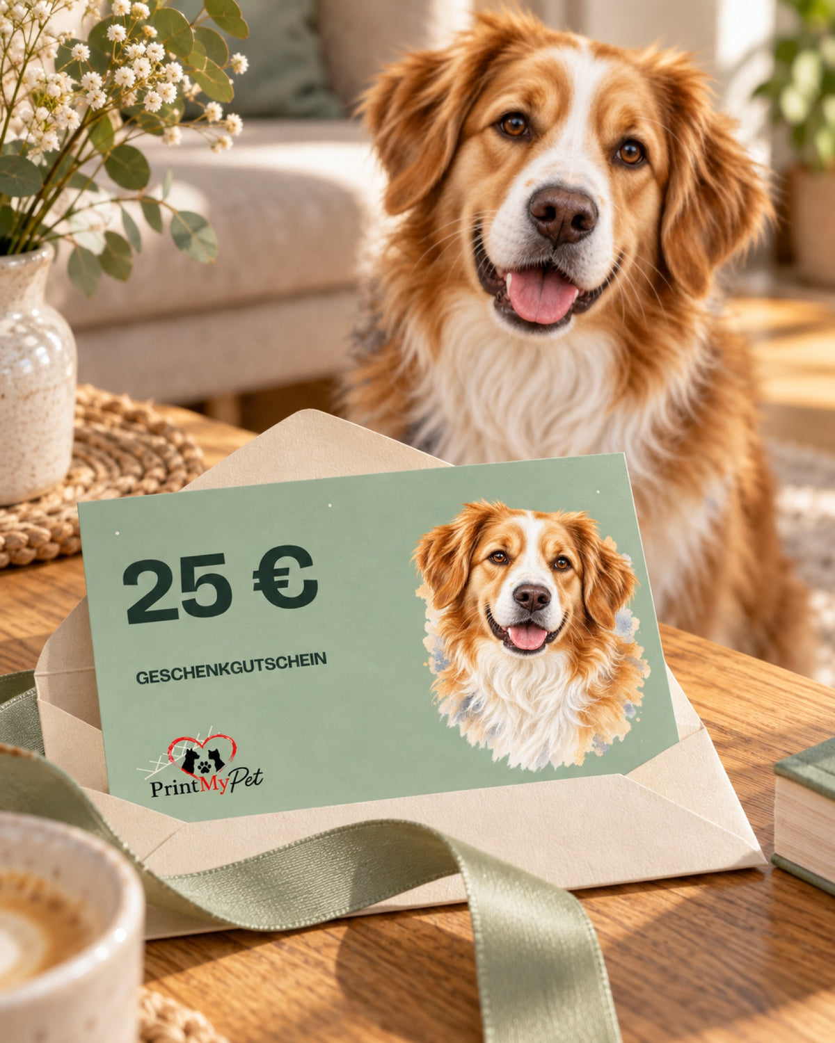 Geschenkgutschein über 25 Euro mit Hundeportrait im Aquarell-Stil, im Umschlag mit Satinband auf dem Holztisch