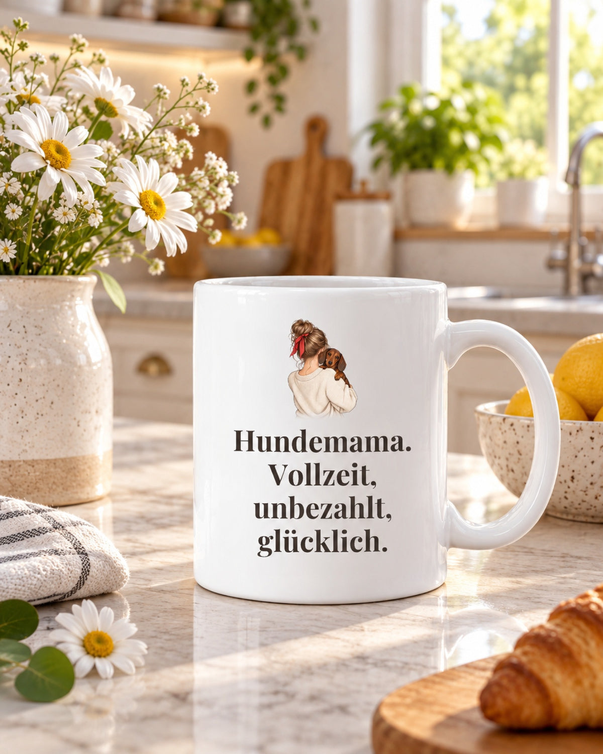 Tasse „Hundemama. Vollzeit, unbezahlt, glücklich.“ mit Frau und Dackel auf der Küchenarbeitsplatte mit Margeriten